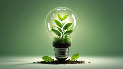 A light bulb with a plant inside of it, green energy, environmental lighting and the source of future growth environment friendly