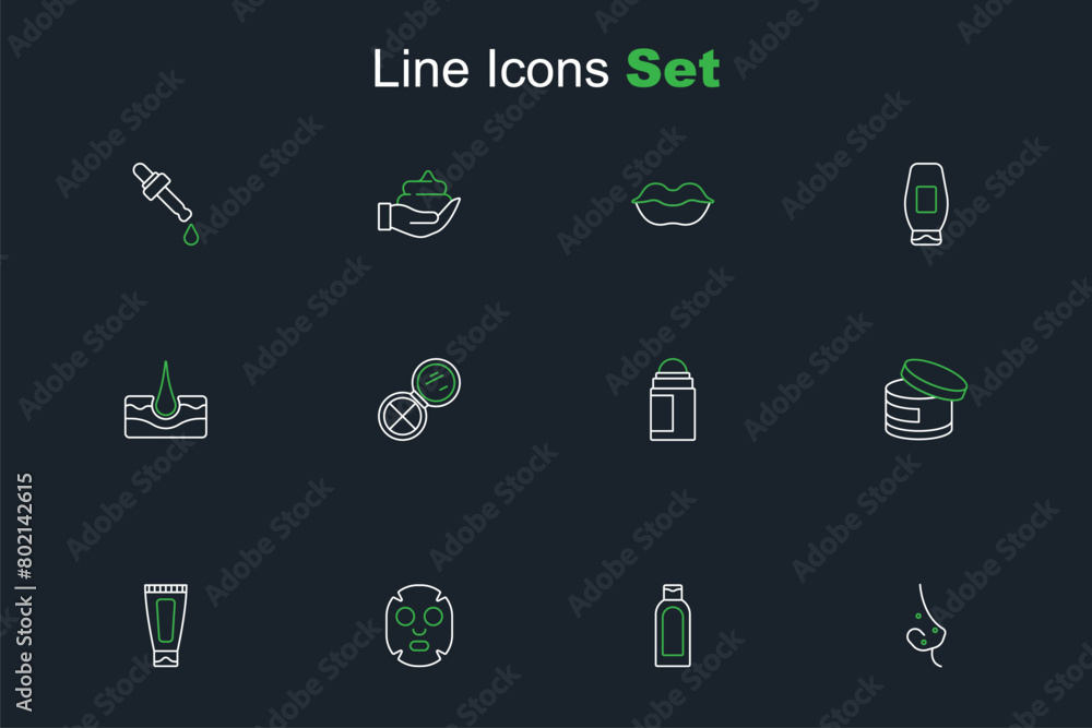 Sticker set line acne, bottle of shampoo, facial cosmetic mask, cream or lotion tube, deodorant roll, makeup