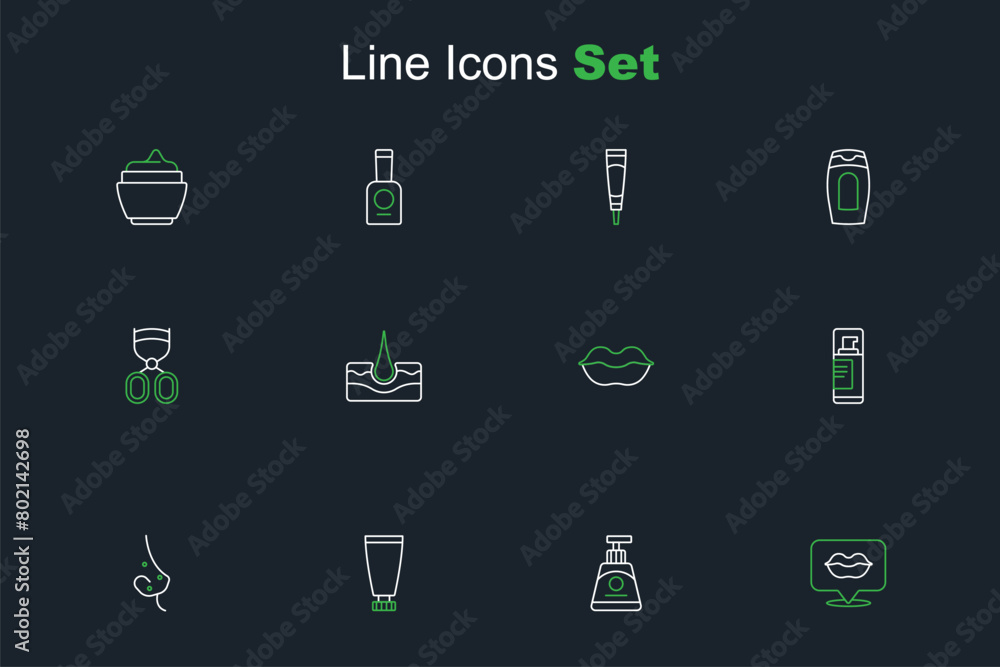 Canvas Prints Set line Smiling lips, Cream or lotion cosmetic tube, Acne, Shaving gel foam, Human hair follicle and Eyelash curler icon. Vector