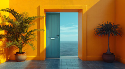 Tranquil Ocean View from a Vibrant Yellow Room with Open Door