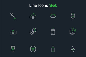 Set line Acne, Bottle of shampoo, Facial cosmetic mask, Cream or lotion tube, Deodorant roll, Makeup powder with mirror and Human hair follicle icon. Vector