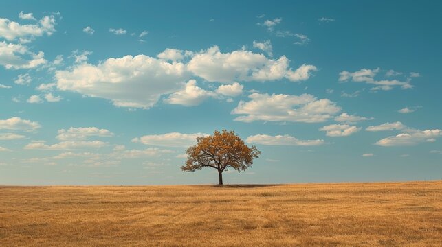 Capture a photo of a solitary tree standing tall against a vast, empty sky