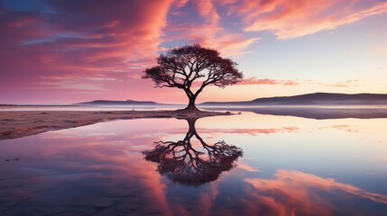 Calming stock image of a soft, pastelcolored sky at twilight, with the silhouette of a single tree, conveying solitude and peaceful reflection