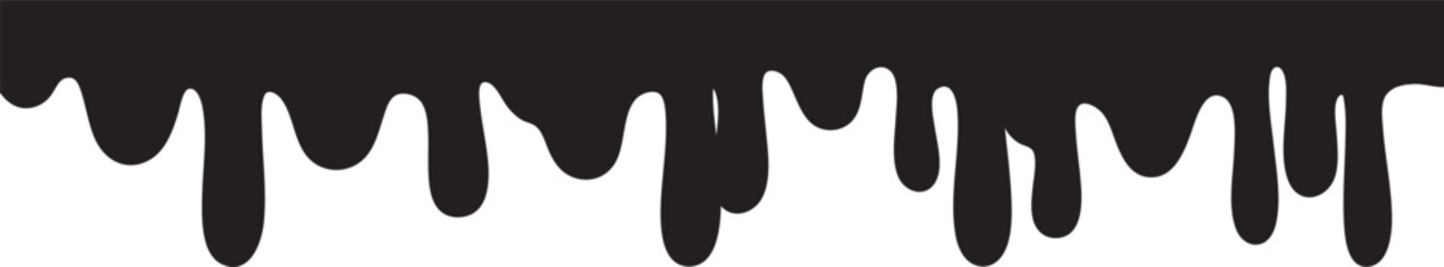 Black Melt Drips, Liquid Paint Drops seamless element vector. Isolated melted dripping liquid on background. Flowing, spilled, drop, splash, leak concept. transparent background. Vector illustration. 