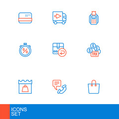 Set line Paper shopping bag, Telephone 24 hours support, Shopping day, Tax payment, Stopwatch percent discount, Return cardboard box, POS terminal and Delivery cargo truck icon. Vector