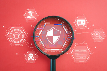 cybersecurity,,data protection concept.,Magnifying Glass on Hacker Icon and connection line to data...