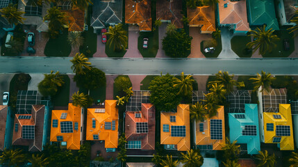 Aerial View of Suburban Neighborhood at Sunset with Lush Greenery