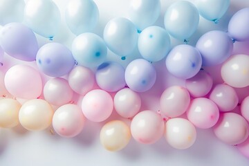 Pastel colored balloons arranged in a gradient pattern on a table against a white backdrop