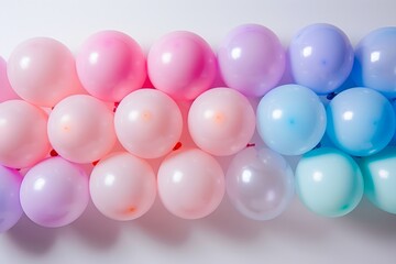 A row of pastel-colored balloons arranged in a gradient pattern against a white backdrop