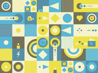 Abstract shapes create seamless geometric patterns. Square, triangle, rounded, diamond, line, semi-circle, and circle shapes. Colorful vector illustration.