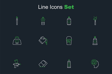 Set line Paint spray, Tube with paint palette, Eraser or rubber, gun, bucket, and Inkwell icon. Vector