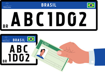 Uma mão segura uma carteira de motorista brasileira com placas de veículos do Mercosul, simbolizando a unidade regional e a conformidade legal
