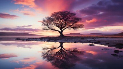 Calming stock image of a soft, pastelcolored sky at twilight, with the silhouette of a single tree, conveying solitude and peaceful reflection
