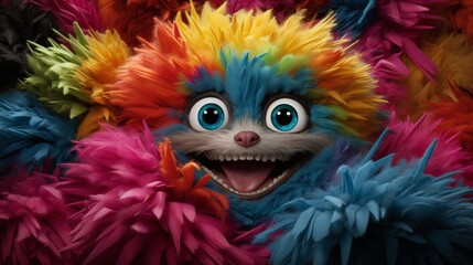 Describe a monster with rainbow-colored fur and a perpetual smile on its face