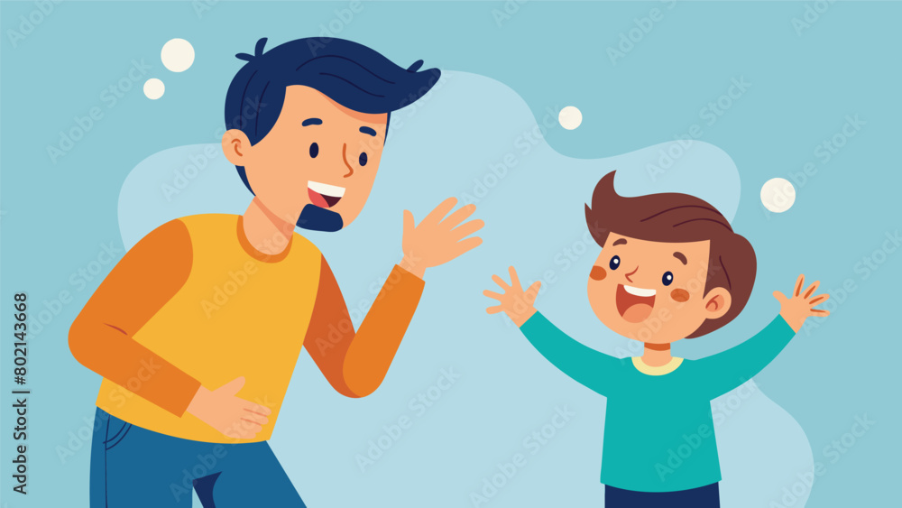 Poster a parent and child playing charades laughing and bonding as they communicate through gestures and ex