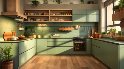 Modern Kitchen with Green Cabinets and a View of the Forest
