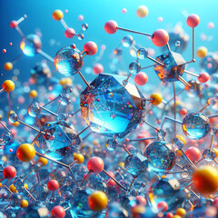 Colorful of 3D crytal molecules and atoms in blue background.