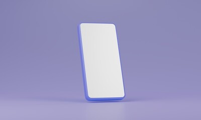 A blue and white cell phone is sitting on a purple background. Smartphone is blank and has a clean. 3D rendering