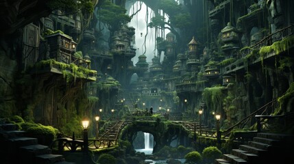 Design a hidden underground kingdom ruled by sentient creatures of the forest