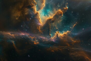 Vibrant nebula clouds and colorful stars fill the cosmic space, creating a mesmerizing scene