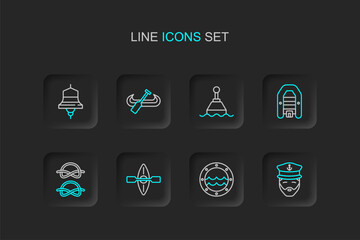Set line Captain of ship, Ship porthole, Kayak and paddle, Nautical rope knots, Inflatable boat with motor, Floating buoy, and bell icon. Vector - obrazy, fototapety, plakaty