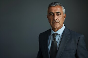 A middle-aged businessman exuding confidence and professionalism, posing for a portrait in a tailored suit and tie against a neutral background
