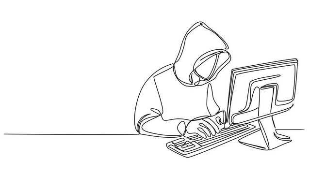 animated continuous single line drawing of computer hacker stereotype, line art animation