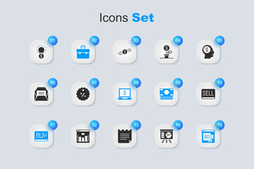 Set Board with graph, Discount percent tag, Briefcase, Buy button, Advertising, Sell, Light bulb dollar and Laptop icon. Vector