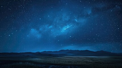 A serene image of a vast, starry night sky, with a distant asteroid streaking across the cosmos on International Asteroid Day.