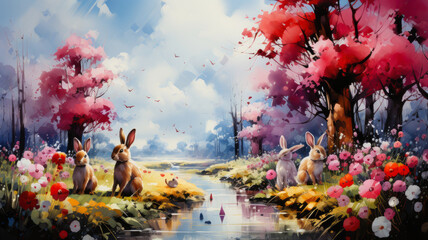 Magical Springtime Scene: Rabbits Amidst Blossoming Trees and Floral Meadows, AI Generated