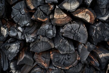 High-angle view of a rough pile of wood logs that have been cut in half, displaying their charred and textured surface