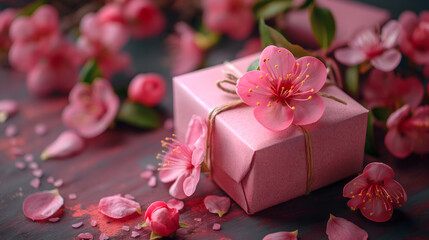 Pink Gift Box Surrounded by Blossoming Cherry Flowers on Blue Background