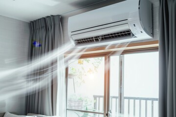 Air conditioner in living room providing cool air for home comfort during summer