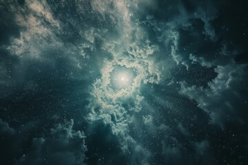 A low-angle view of a star-filled sky with clouds and prominent nebula formations, evoking a sense of vastness and cosmic wonder