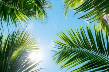 Bright sunlight filters through the green palm tree leaves against a clear blue sky