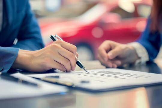 A couple purchasing a new car by signing a sales contract at an auto dealership
