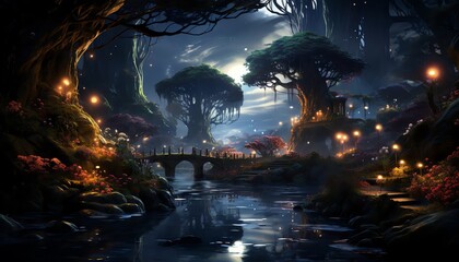 Captivating stock photo of a fairy glen at twilight with sparkling lights and ethereal creatures, offering a gateway to freedom in a fantasy world - obrazy, fototapety, plakaty