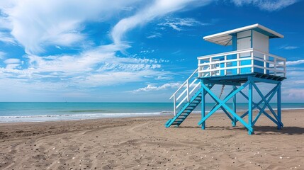 Beautiful landscape of lifeguard tower blue and white color in beach at a sunny day. Generated AI