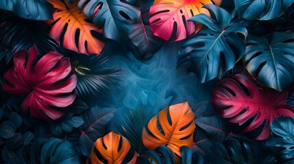 A vivid display of tropical leaves in rich red, orange, and blue hues, enhanced by a mystical, smoky atmosphere, perfect for creative projects and backgrounds.