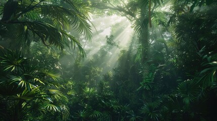 A serene image of a lush, verdant rainforest canopy, showcasing the vibrant and diverse ecosystem on World Rainforest Day.