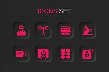 Set Train in railway tunnel, traffic light, conductor, Broken cracked, Turnstile, Online ticket booking, Passenger train cars and icon. Vector