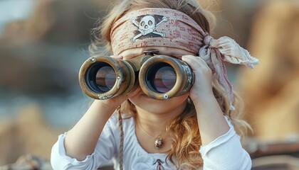 Little girl pirate looking away through binoculars 