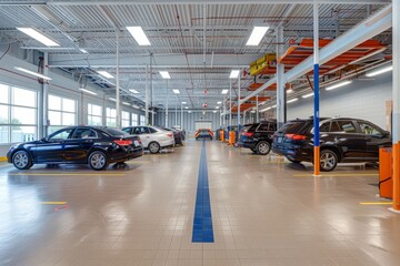 A wide shot of a modern car garage filled with rows of parked vehicles awaiting service, showcasing efficiency and professionalism