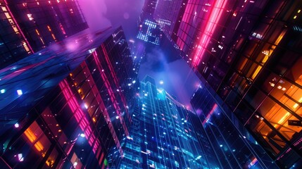 Vibrant neon lights on modern cityscape buildings at night.
