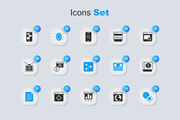 Set Worldwide, Advertising, Diamond, File document, Time management, Financial book, Mobile 24 hours support and Share icon. Vector