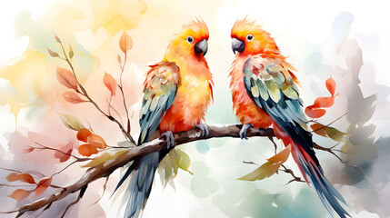 watercolor illustration of Parrots and Cockatoo birds in pastel and bohemian style on white background.