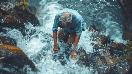 An old man is having fun climbing up the waterfall path, playing in the waterfall.