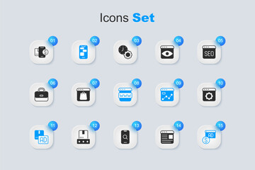 Set Advertising, Online shopping on screen, Mobile 24 hours support, Browser setting, with dollar and window icon. Vector