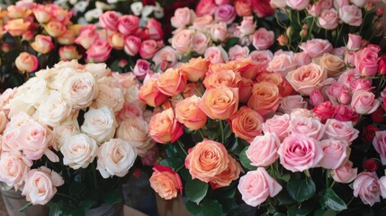 A beautiful display of assorted roses featuring a mix of pink, orange, and white shades. Perfect for romantic, floral, or springtime themes.