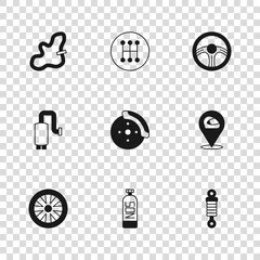 Set Nitrous oxide, Racing helmet, Shock absorber, Car brake disk with caliper, steering wheel, track, Gear shifter and muffler icon. Vector
